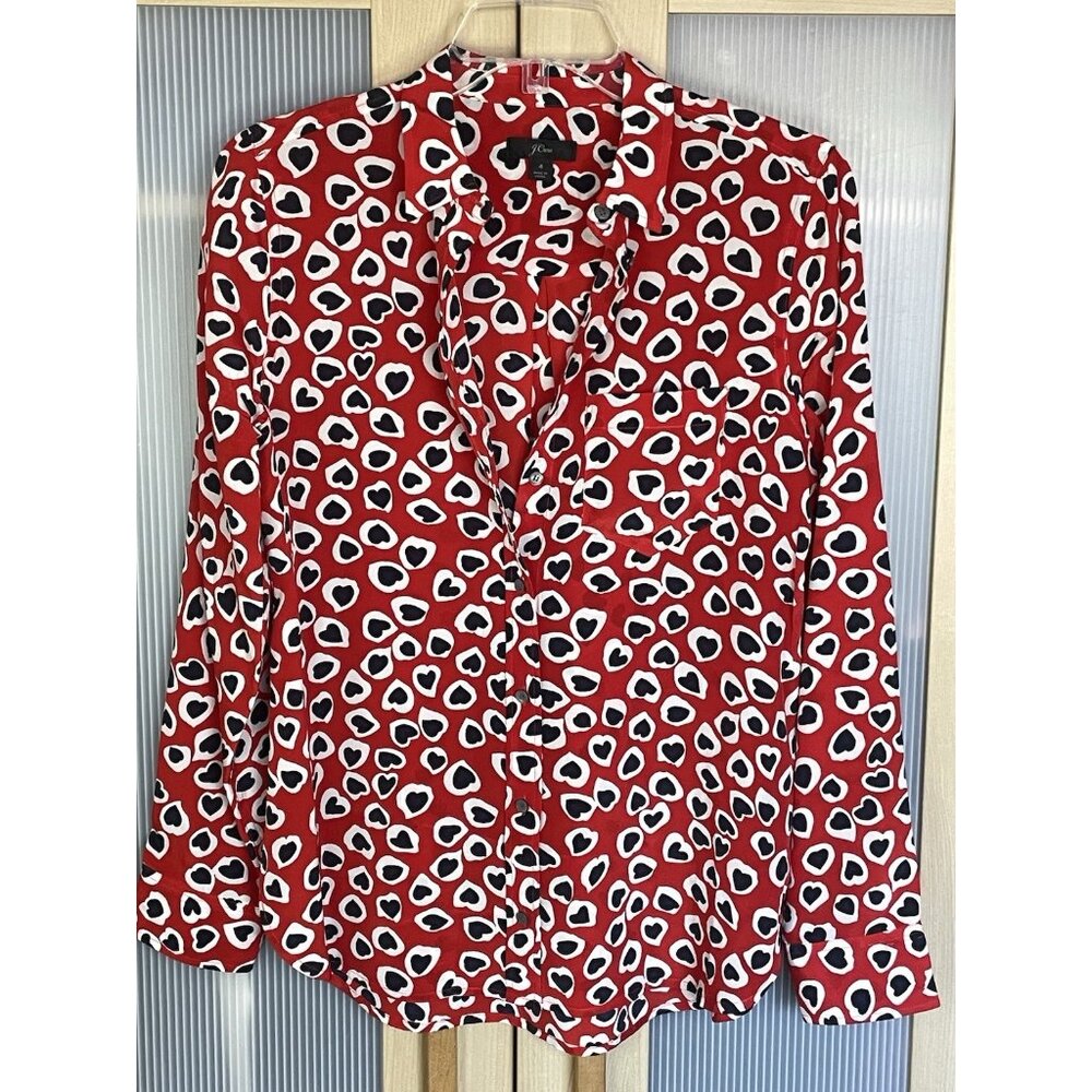 J.Crew Collection Silk Blouse Sz 4 Heart Print Boy Shirt Red Classic Top Party - Picture 2 of 4